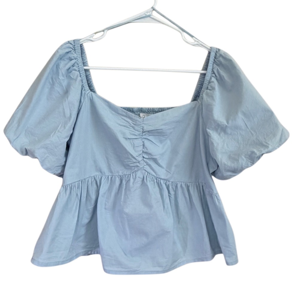JOPRA Baby Blue Cotton Smocked Puff Sleeve Peplum Top XL